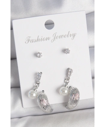 Pirinç Gümüş Renk Sallantılı Zirkon Taşlı Damla Model 3 Çift Kadın Küpe Seti