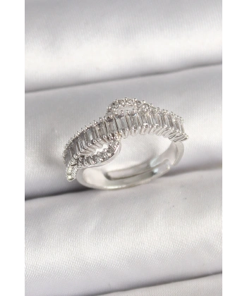 Pirinç Gümüş Renk Su Yolu Zirkon Taşlı Ayarlanabilir Model Kadın Yüzük