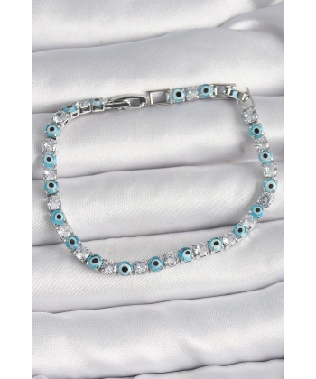 Pirinç Gümüş Renk Su Yolu Zirkon Taşlı Nazar Boncuklu Kadın Bileklik