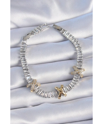 Pirinç Gümüş Renk Taşlı Su Yolu Model VİP Seri Kadın Bileklik