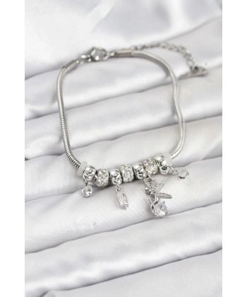 Pirinç Gümüş Renk Tinkerbell Charmlı Kadın Bileklik