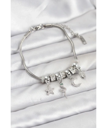 Pirinç Gümüş Renk Yılan Charmlı Kadın Bileklik