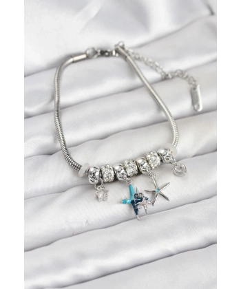 Pirinç Gümüş Renk Yıldız Model Charmlı Kadın Bileklik