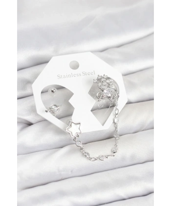 Pirinç Gümüş Renk Yıldız Model Zincir Bağlantılı Ear Cuff Küpe Seti