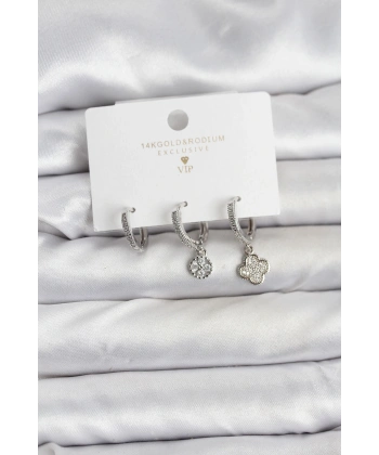 Pirinç Gümüş Renk Yonca Model 3lü Kadın Küpe Seti