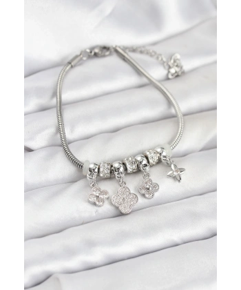 Pirinç Gümüş Renk Yonca Model Kadın Bileklik