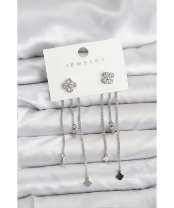 Pirinç Gümüş Renk Yonca Model Sallantılı Kadın Küpe