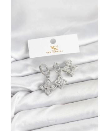 Pirinç Gümüş Renk Yonca Model YSX Trio Küpe Seti