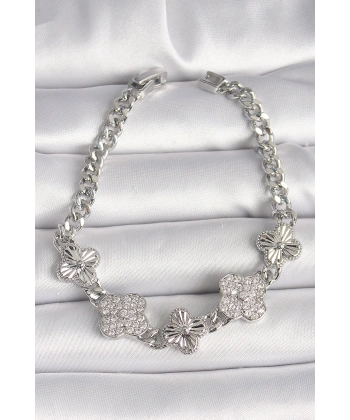 Pirinç Gümüş Renk Zincir Yonca Model Kadın Bileklik