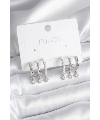 Pirinç Gümüş Renk Zirkon Taş Detay İncili Kadın Küpe