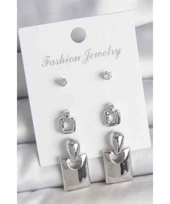 Pirinç Gümüş Renk Zirkon Taş Detay Sallantılı Kare Model 3 Çift Kadın Küpe Seti