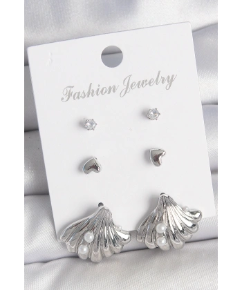 Pirinç Gümüş Renk Zirkon Taş Detaylı İnci Detaylı Deniz Kabuğu Model 3 Çift Kadın Küpe