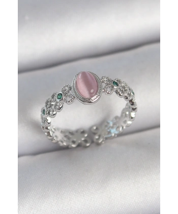 Pirinç Gümüş Renk Zirkon Taş Detaylı Pembe Mineli Damla Model Ayarlanabilir Kadın Yüzük