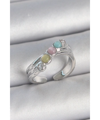 Pirinç Gümüş Renk Zirkon Taş Detaylı Renkli Mineli Ayarlanabilir Kadın Yüzük