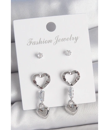 Pirinç Gümüş Renk Zirkon Taş Detaylı Sallantı Model 2 Çift Kadın Küpe Seti