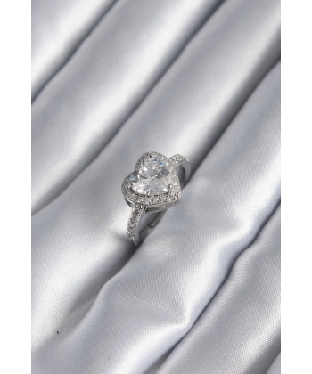 Pirinç Gümüş Renk Zirkon Taş Kalp Charm Model Kadın Yüzük