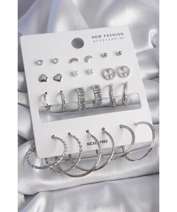 Pirinç Gümüş Renk Zirkon Taşlı 12 Çift Kadın Küpe Seti