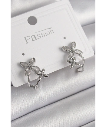 Pirinç Gümüş Renk Zirkon Taşlı 2Li Çiçek Model Kadın Küpe