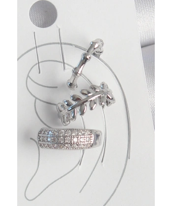 Pirinç Gümüş Renk Zirkon Taşlı 3Lü Model Yaprak Figür Kadın Kıkırdak Küpe