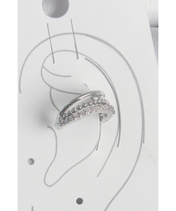 Pirinç Gümüş Renk Zirkon Taşlı 3Lü Sıralı Kadın Kıkırdak Küpe