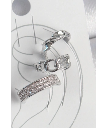 Pirinç Gümüş Renk Zirkon Taşlı 3Lü Zincir Sarmal Model Kadın Kıkırdak Küpe