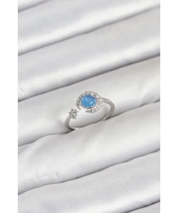 Pirinç Gümüş Renk Zirkon Taşlı Ay Yıldız Kadın Yüzük