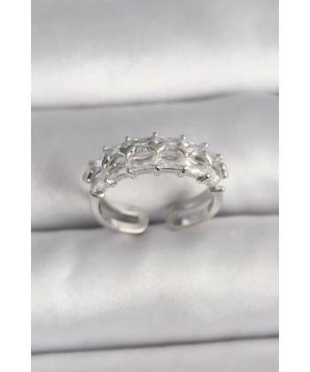 Pirinç Gümüş Renk Zirkon Taşlı Ayarlanabilir Yüzük