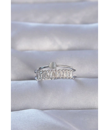 Pirinç Gümüş Renk Zirkon Taşlı Baget Su Yolu Model Ayarlanabilir Yüzük