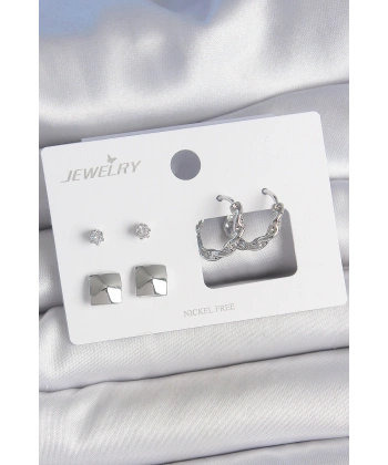 Pirinç Gümüş Renk Zirkon Taşlı Burgu Halka Model Kare Detay 3 Çift Kadın Küpe Seti