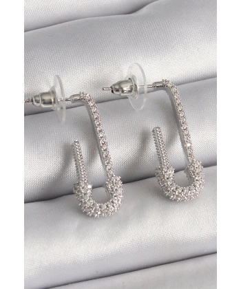 Pirinç Gümüş Renk Zirkon Taşlı Çengelli İğne Model Kadın Küpe