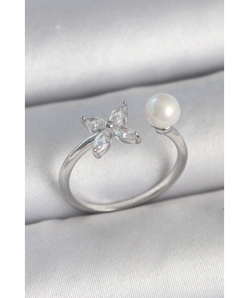 Pirinç Gümüş Renk Zirkon Taşlı Çiçek Model İnci Detay Ayarlanabilir Kadın Yüzük