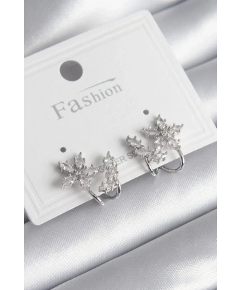 Pirinç Gümüş Renk Zirkon Taşlı Çiçek Model Kadın Küpe