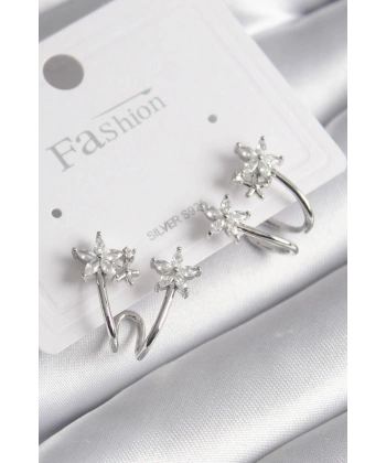 Pirinç Gümüş Renk Zirkon Taşlı Çiçek Model Kadın Küpe