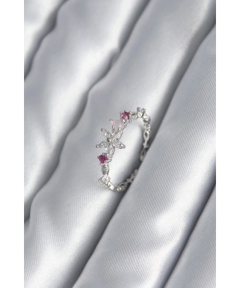 Pirinç Gümüş Renk Zirkon Taşlı Çiçek Model Pembe Zirkon Taş Detay Kadın Yüzük