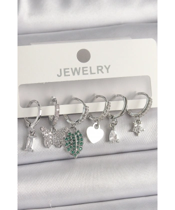 Pirinç Gümüş Renk Zirkon Taşlı Çoklu Figür Kadın Küpe Seti