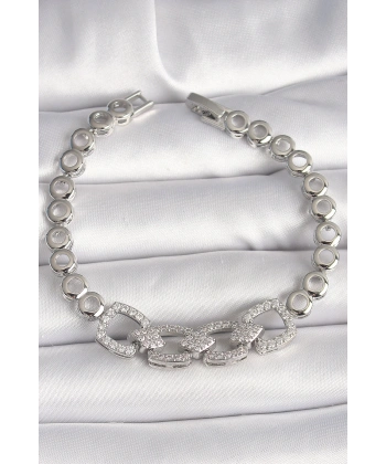 Pirinç Gümüş Renk Zirkon Taşlı Daire Zincir Model Kadın Bileklik