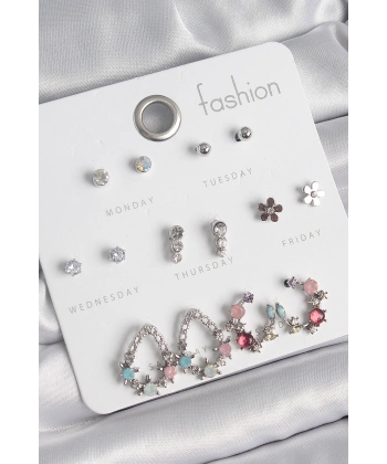 Pirinç Gümüş Renk Zirkon Taşlı Damla Model Çiçek Detay 7 Çift Kadın Küpe Seti