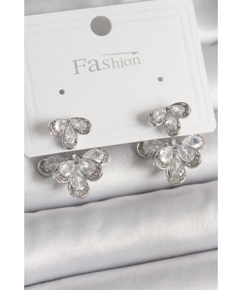 Pirinç Gümüş Renk Zirkon Taşlı Damla Model Kadın Küpe