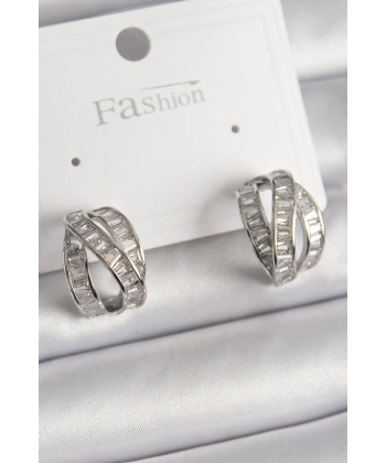 Pirinç Gümüş Renk Zirkon Taşlı Düğüm Halka Model Kadın Küpe