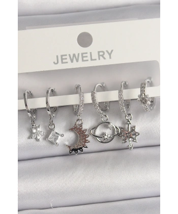 Pirinç Gümüş Renk Zirkon Taşlı Gezgen Model Kadın Küpe Seti