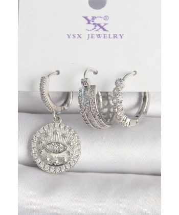 Pirinç Gümüş Renk Zirkon Taşlı Göz İşlemeli Halka Model 3Lü Kadın Kombin Küpe