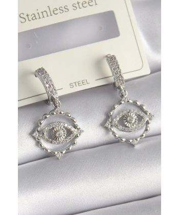 Pirinç Gümüş Renk Zirkon Taşlı Göz Model Kadın Küpe