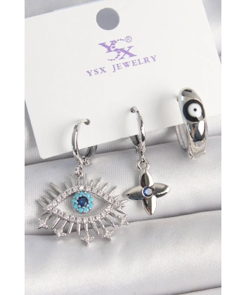 Pirinç Gümüş Renk Zirkon Taşlı Göz Model Nazar Boncuk Detay 3Lü Kadın Kombin Küpe