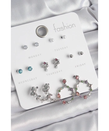 Pirinç Gümüş Renk Zirkon Taşlı Gül Figür Halka Model 7 Çift Kadın Küpe Seti