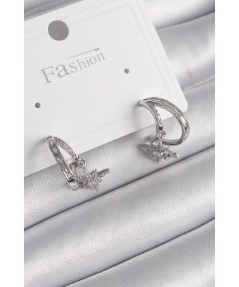 Pirinç Gümüş Renk Zirkon Taşlı Halka Model Sallantı Yıldız Detay Kadın Küpe