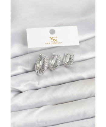 Pirinç Gümüş Renk Zirkon Taşlı Halka Model YSX Trio Küpe Seti