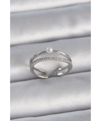 Pirinç Gümüş Renk Zirkon Taşlı İnci Detay Ayarlanabilir Model Kadın Yüzük