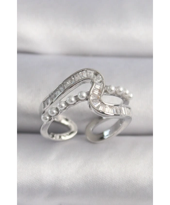 Pirinç Gümüş Renk Zirkon Taşlı İnci Detay VIP Seri Kadın Yüzük