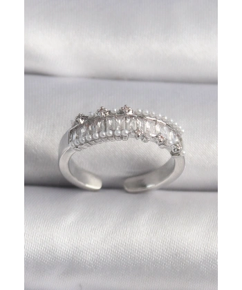 Pirinç Gümüş Renk Zirkon Taşlı İnci Detay VIP Seri Kadın Yüzük