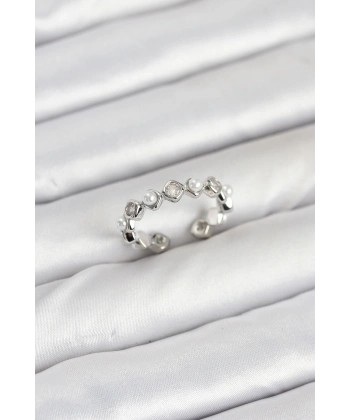 Pirinç Gümüş Renk Zirkon Taşlı İncili Kadın Yüzük